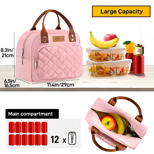 Pink quilted lunch bag with handles, shown with fruit and labeled large capacity