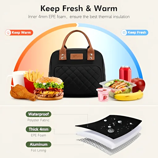 Black insulated bag with leather handles, waterproof coating and thermal lining detailed