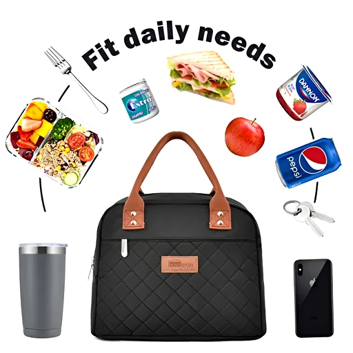 Black quilted lunch bag with leather handles beside thermos and sandwich showing fit
