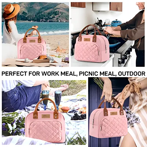 Pink quilted lunch bag shown at beach, kitchen, picnic and outdoor settings for versatile use