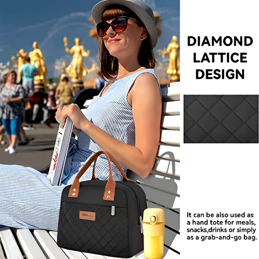 Black quilted lunch bag with diamond pattern, leather handles and practical size