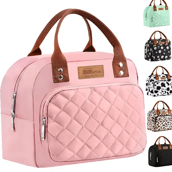 Pink quilted lunch tote with front pocket and handle