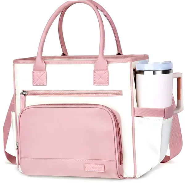 Wide-opening pink insulated cooler tote with shoulder strap