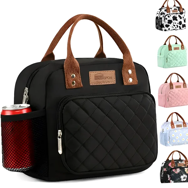 Black insulated lunch tote with side pockets and front pocket
