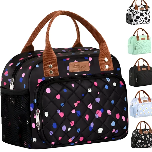 Multi-dot insulated lunch tote featuring front pocket