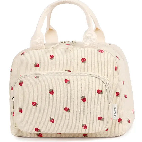 Strawberry beige corduroy lunch bag with front pocket