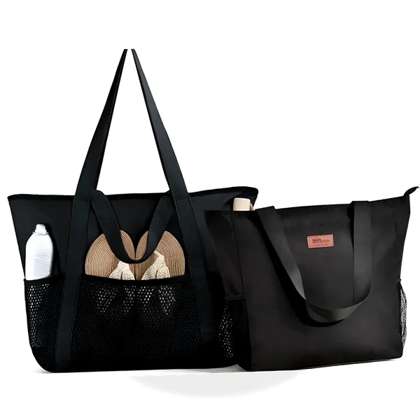 Foldable black travel tote with zipper pockets